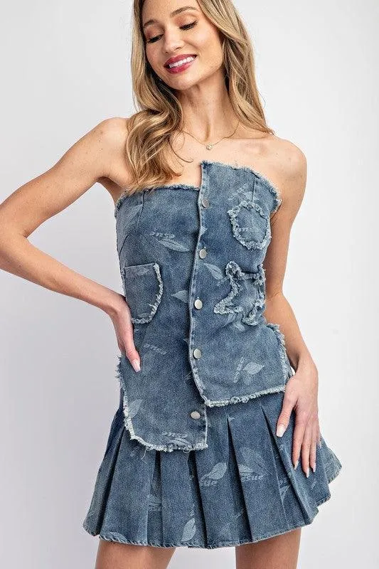 2PC PATCHWORK DENIM SKIRT SET