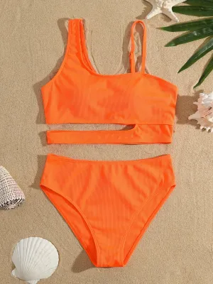 Asymmetrical Chic Solid Bikini Set – High-Stretch, Durable Women's Two-Piece Swimsuit with Easy Care