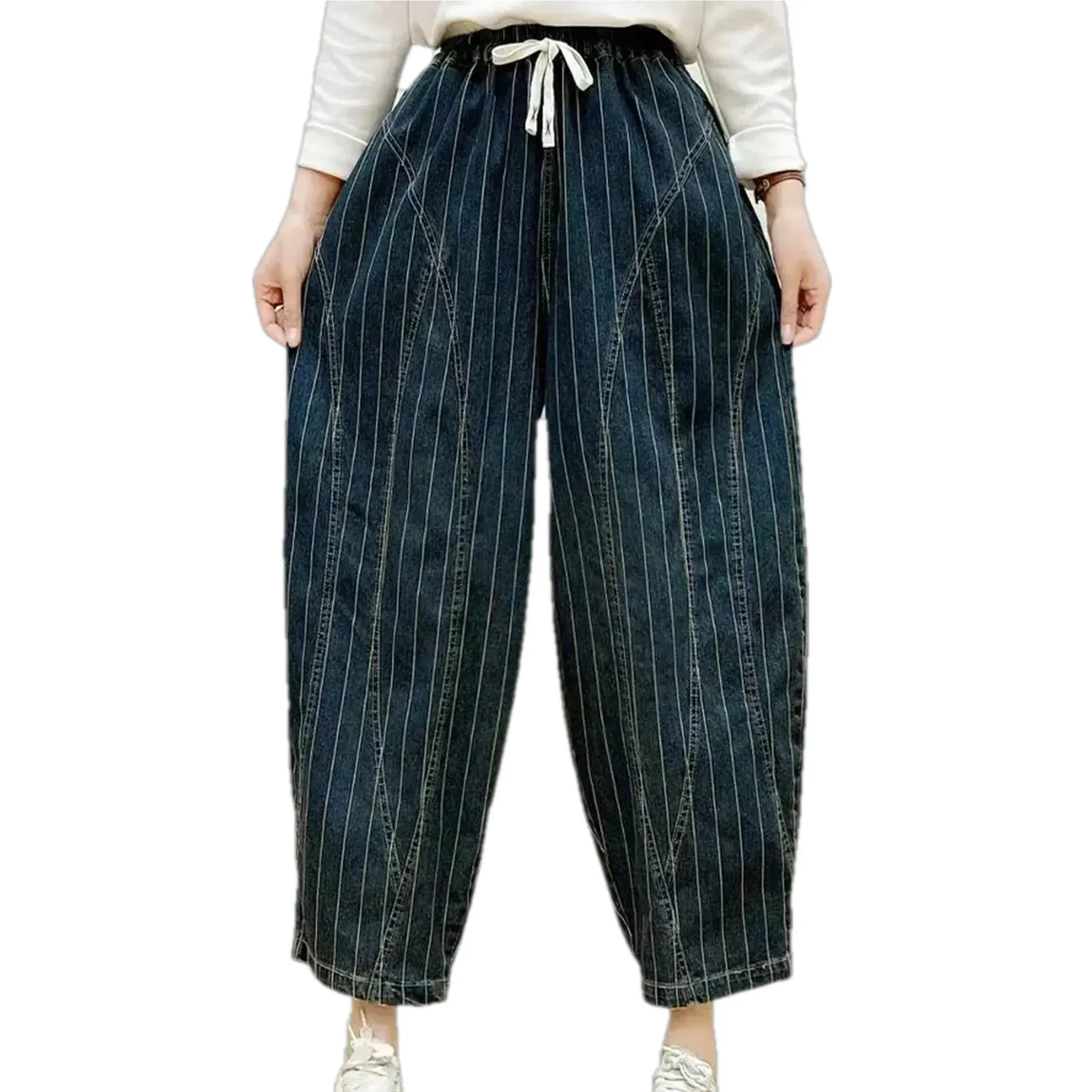 Baggy medium rise striped women's denim joggers