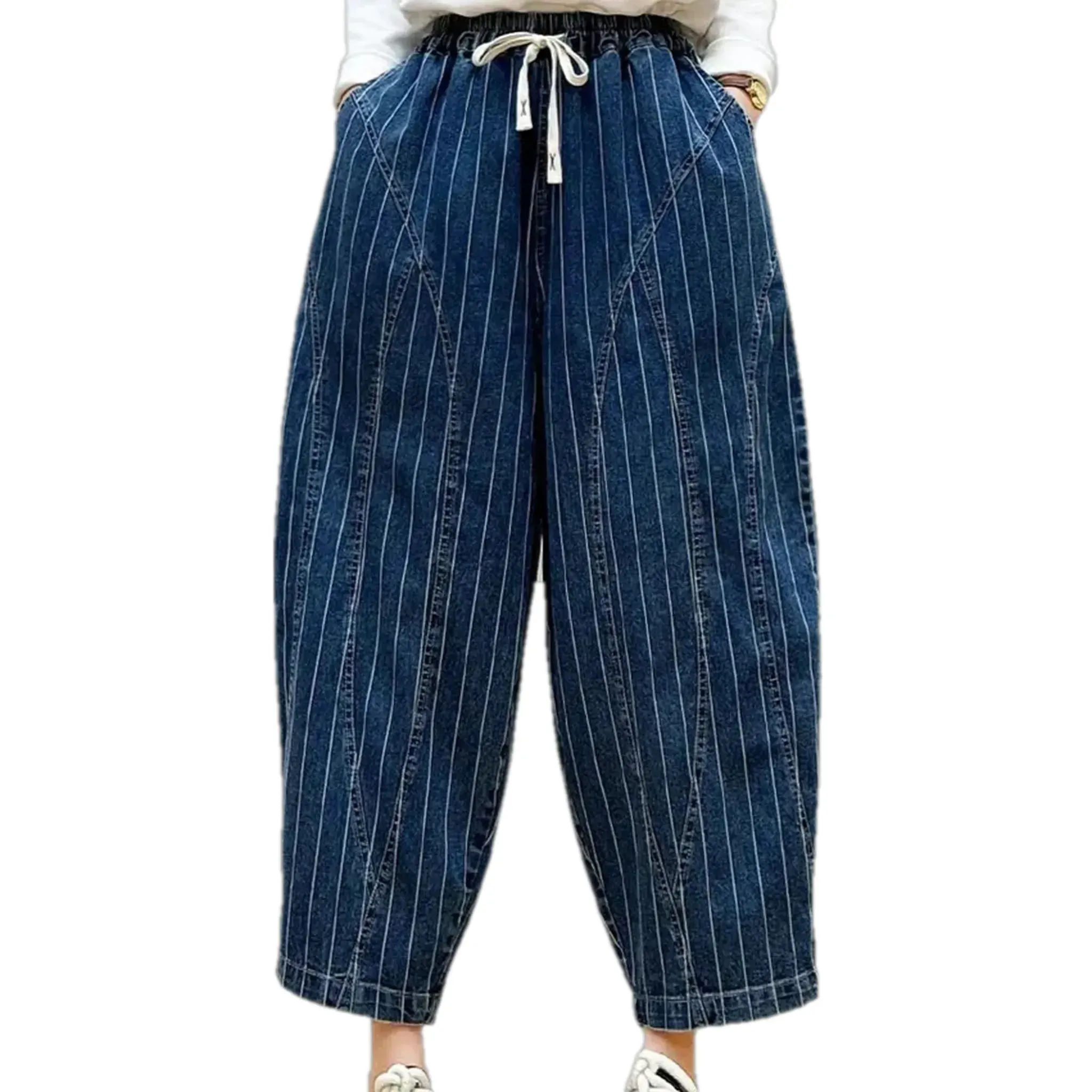 Baggy medium rise striped women's denim joggers