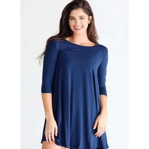 BAMBOO 3/4 SLEEVE TRAPEZE DRESS NAVY