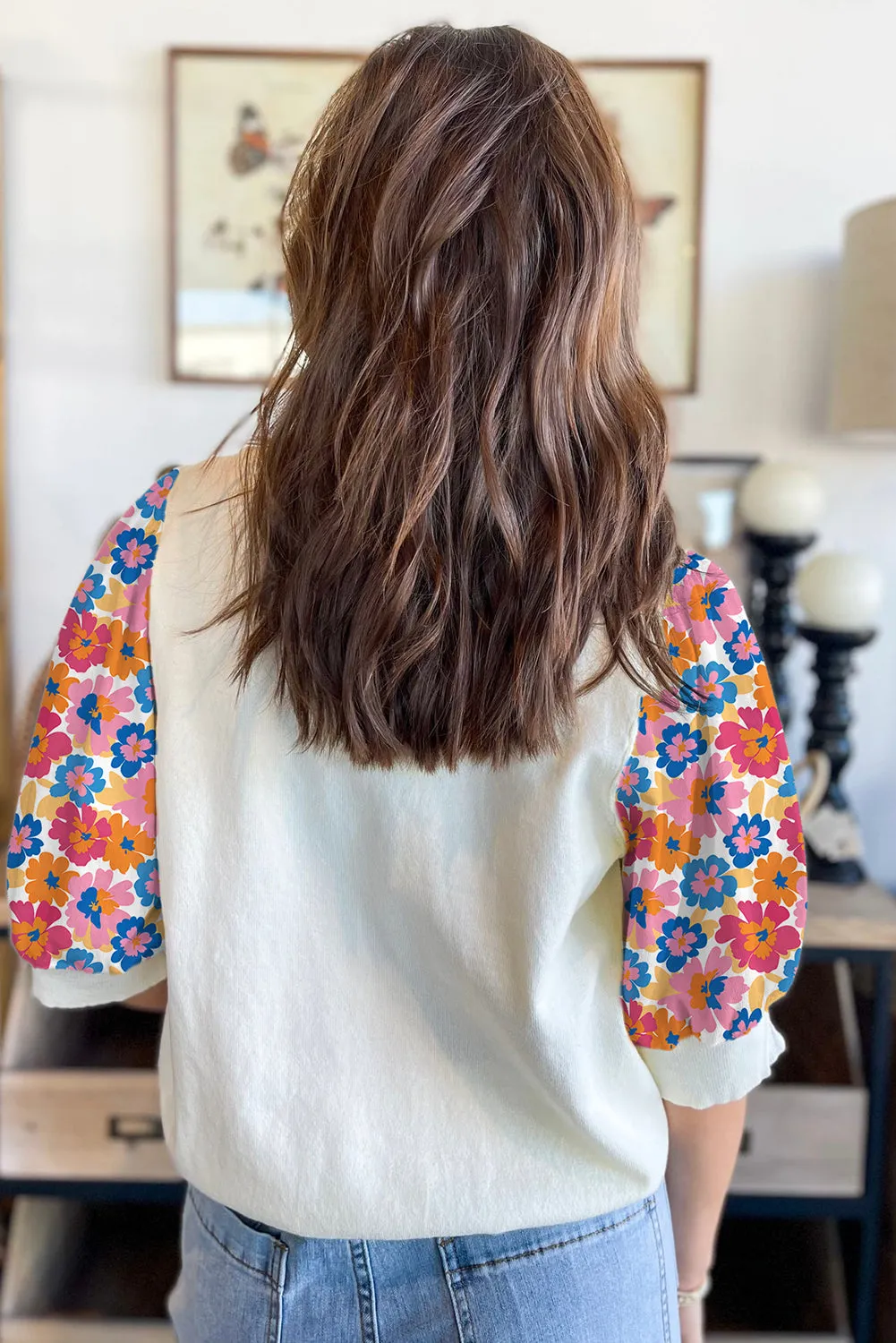 Beige Floral Puff Sleeve Patchwork Round Neck Top