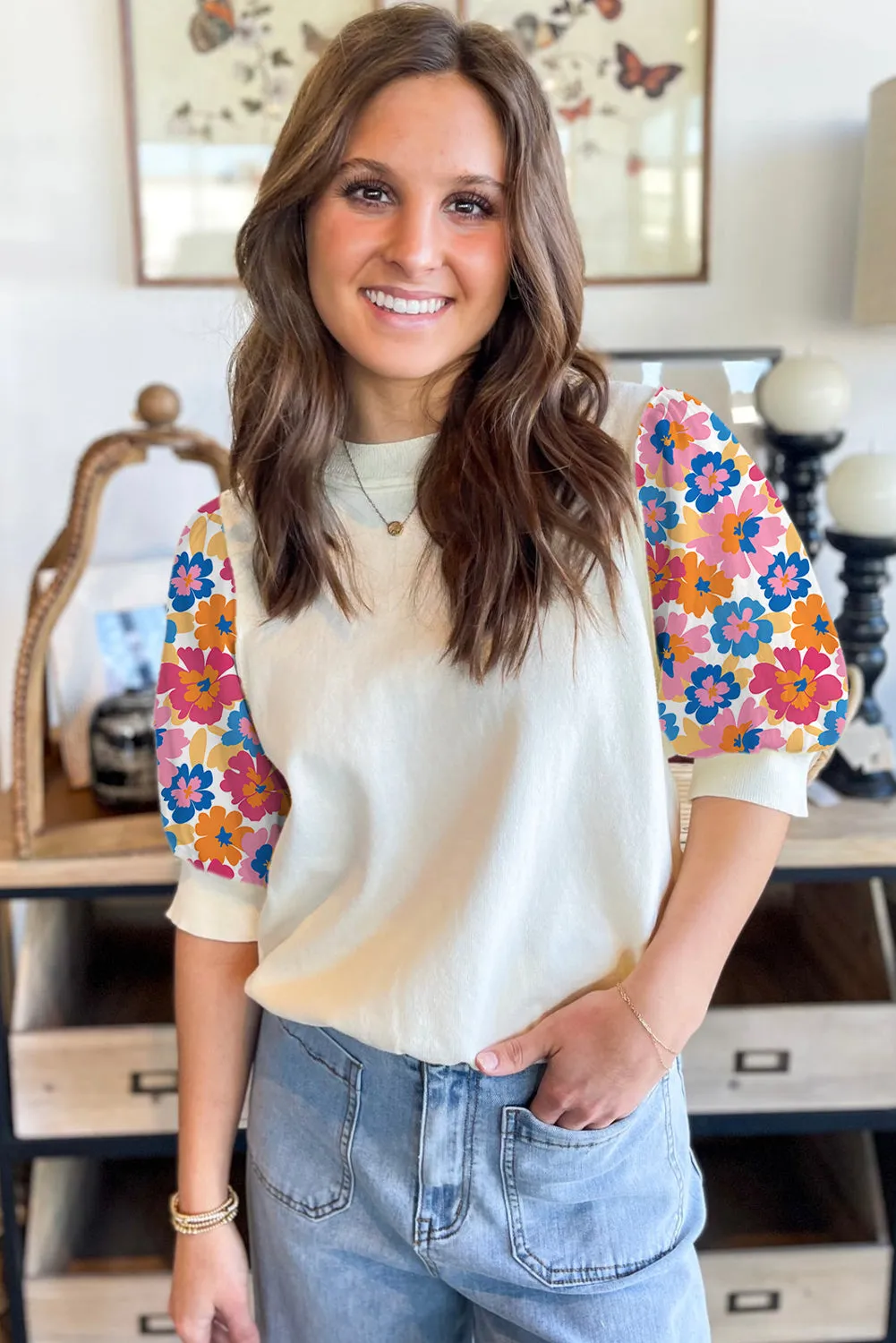 Beige Floral Puff Sleeve Patchwork Round Neck Top