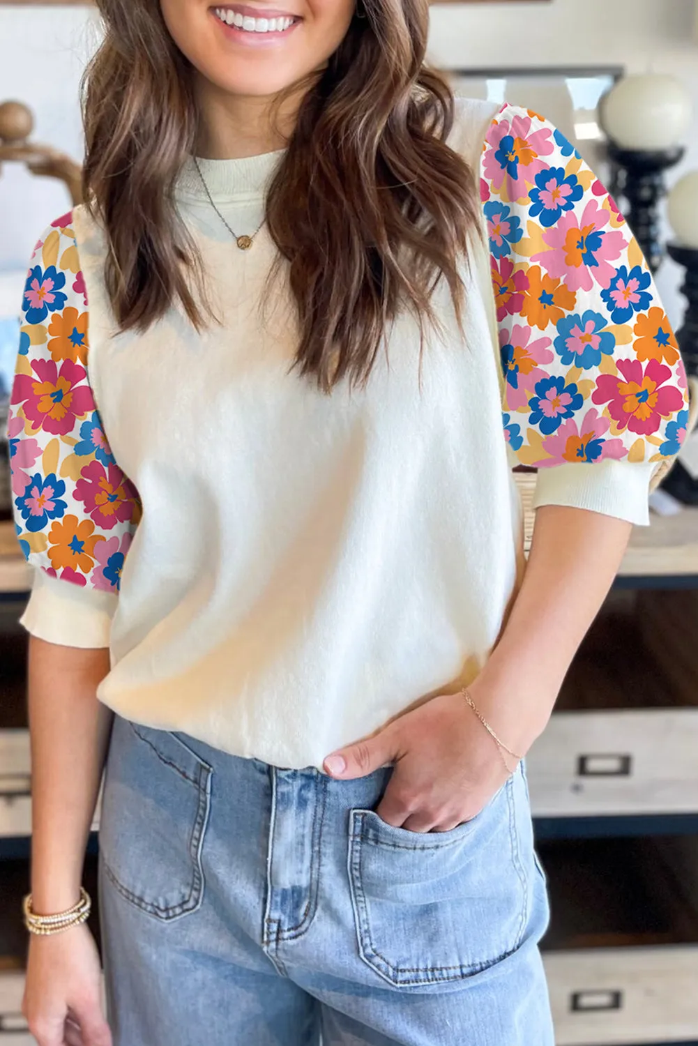 Beige Floral Puff Sleeve Patchwork Round Neck Top