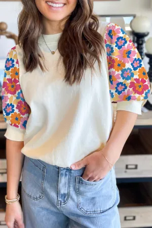 Beige Floral Puff Sleeve Patchwork Round Neck Top