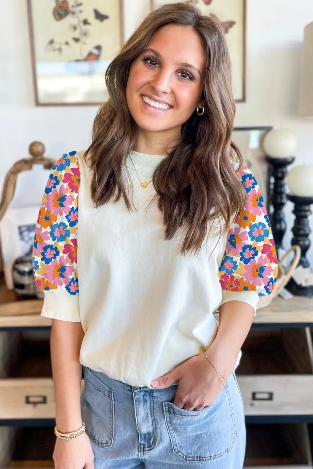 Beige Floral Puff Sleeve Patchwork Round Neck Top