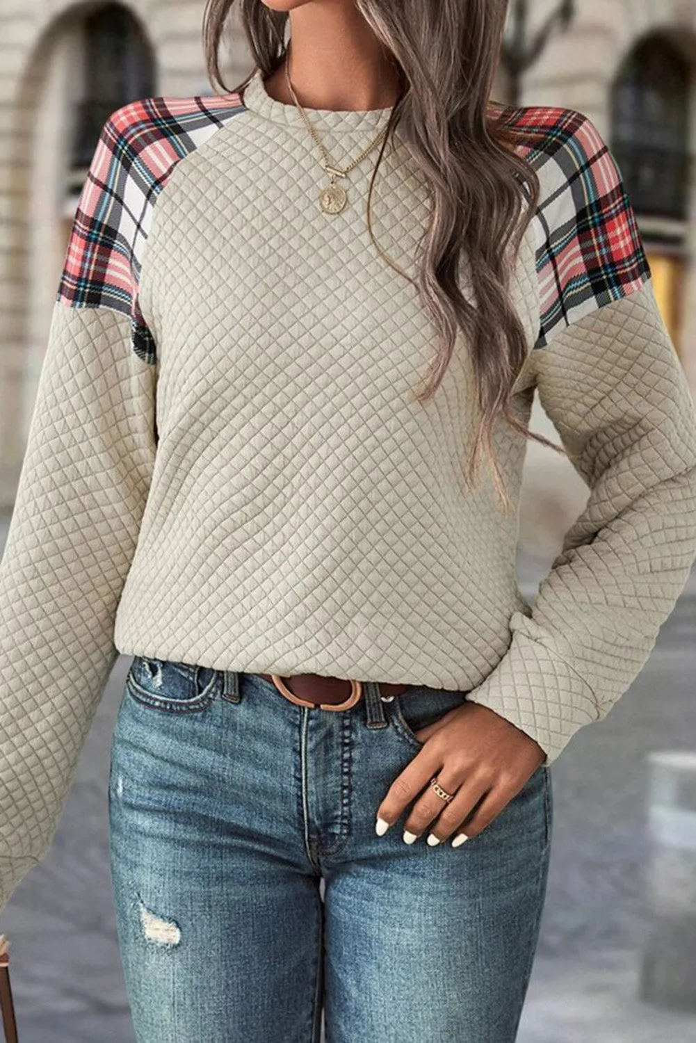 Beige Lattice Texture Plaid Patchwork Casual Sweatshirt