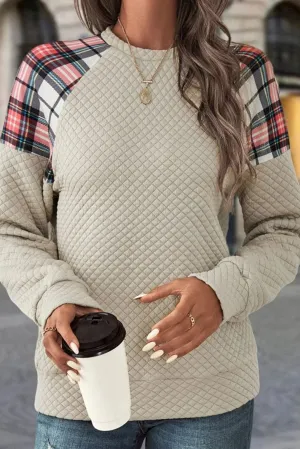 Beige Lattice Texture Plaid Patchwork Casual Sweatshirt