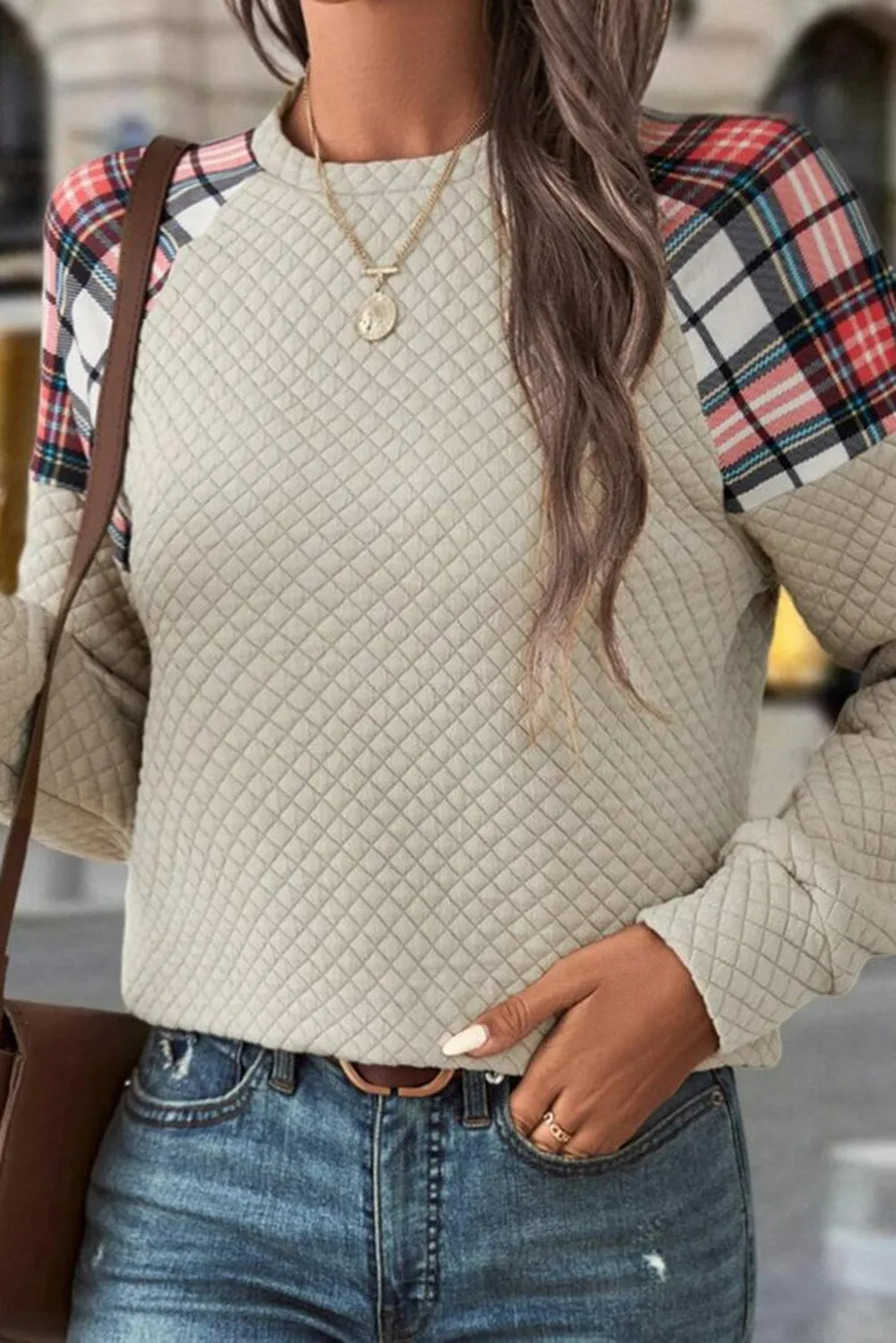 Beige Lattice Texture Plaid Patchwork Casual Sweatshirt