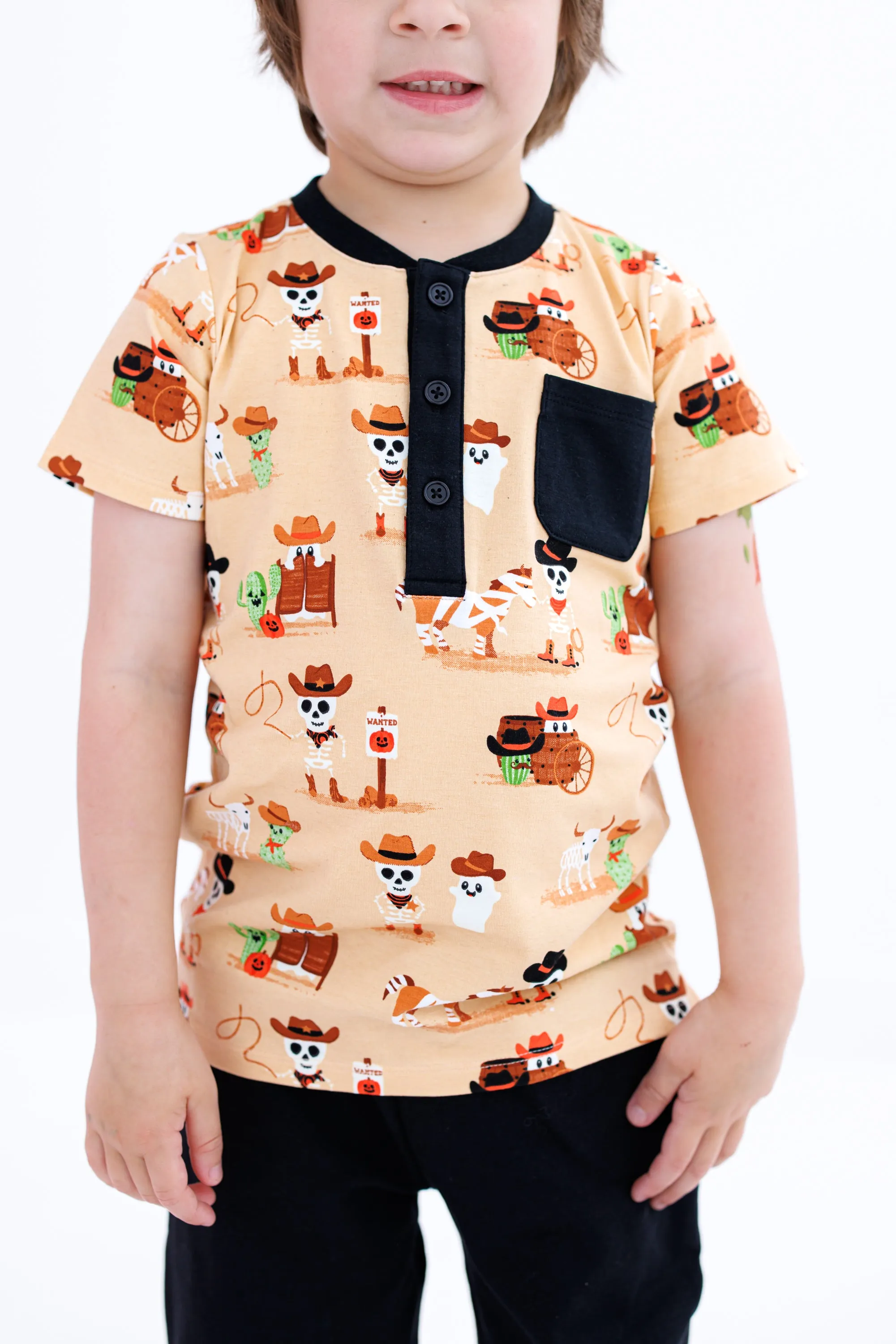 Birdie Bean Willie Western Skeleton Glow in the Dark Halloween Henley T-Shirt