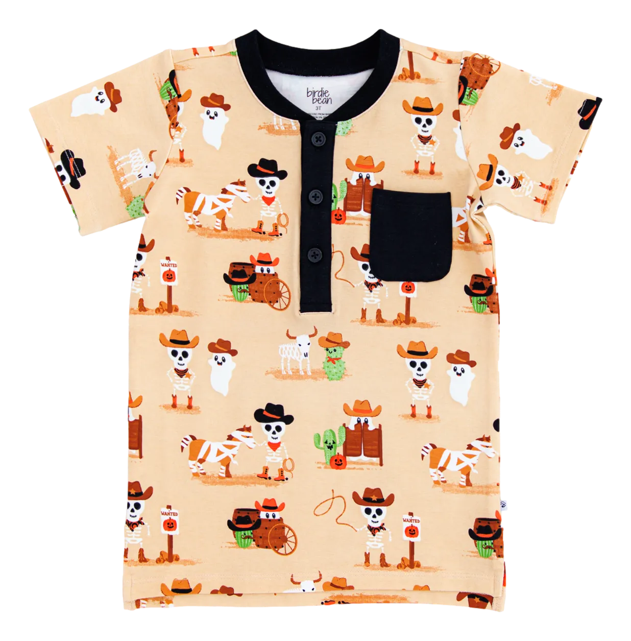 Birdie Bean Willie Western Skeleton Glow in the Dark Halloween Henley T-Shirt