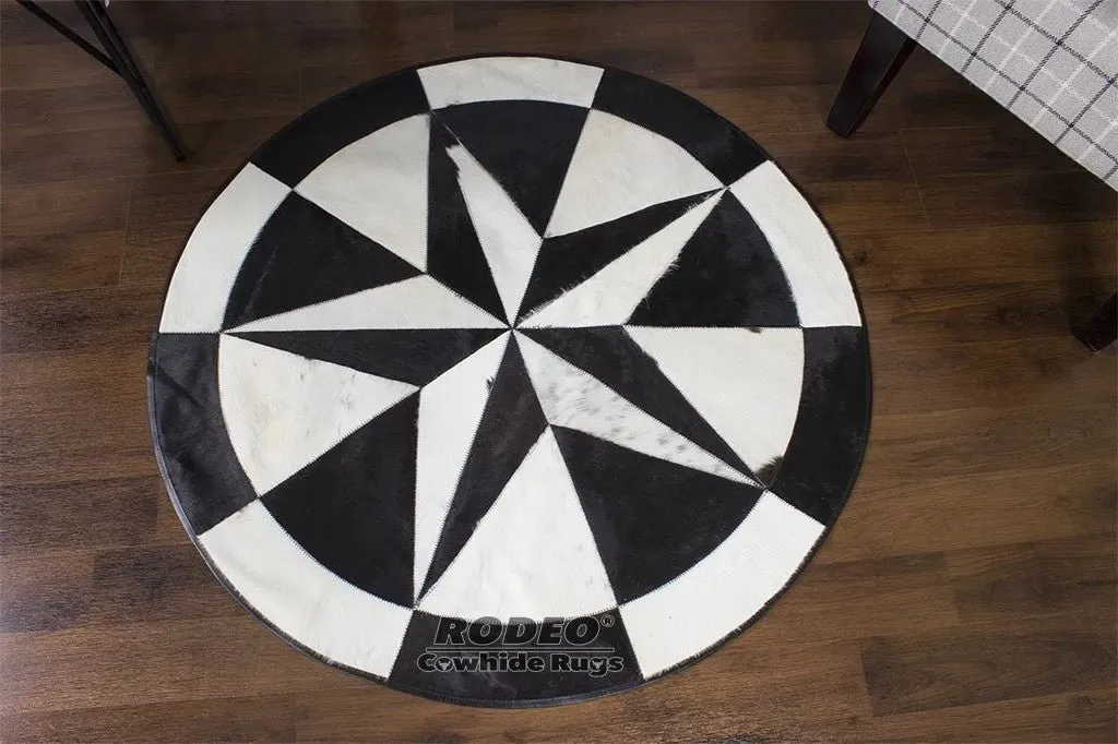 Black & White TEXAS STAR Cowhide Patchwork Rug
