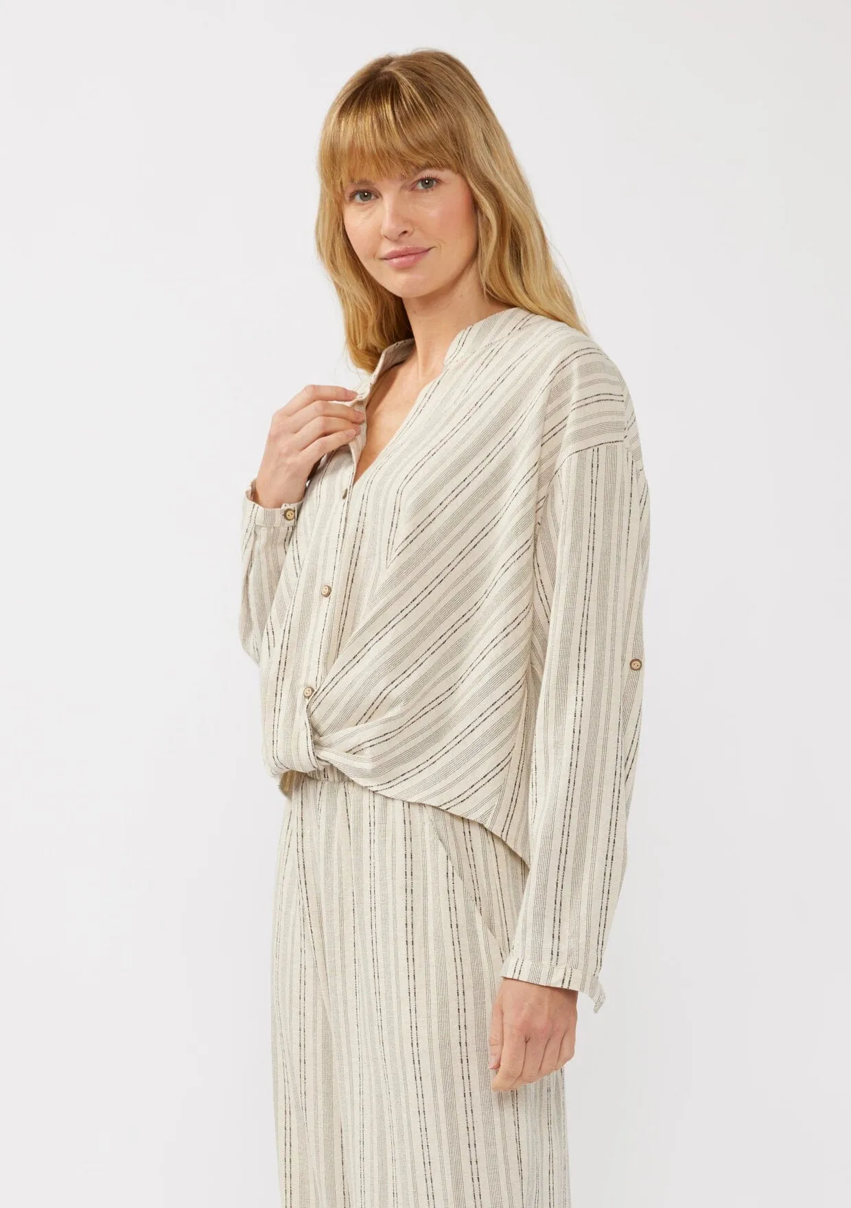 Carefree Escape Twist Front Striped Shirt
