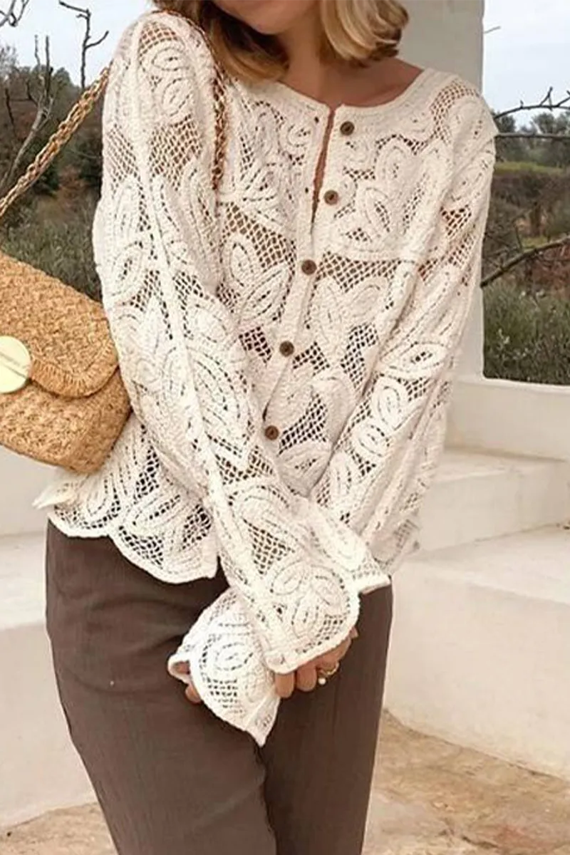 Casual Daily Hollow Out Buttons O Neck Outerwear