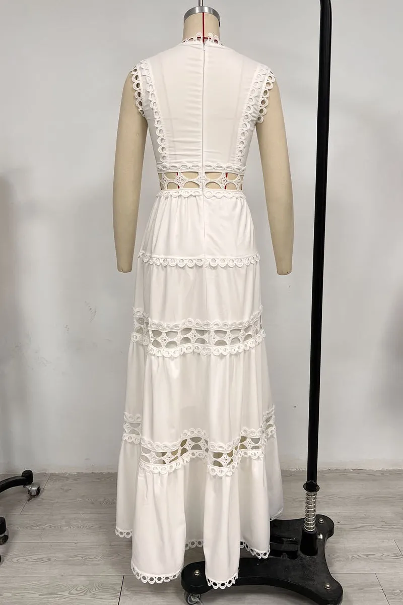 Casual Embroidered Hollow Out V Neck Sleeveless Dresses