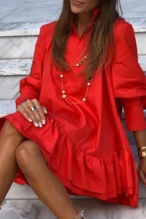 Casual Solid Patchwork Flounce Mandarin Collar Princess Dresses(4 Colors)
