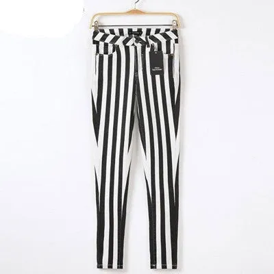 Casual Spring Women Pencil Pants High Waist Cotton Black White Striped Women's Pants Fashion Office Slim Women Trousers