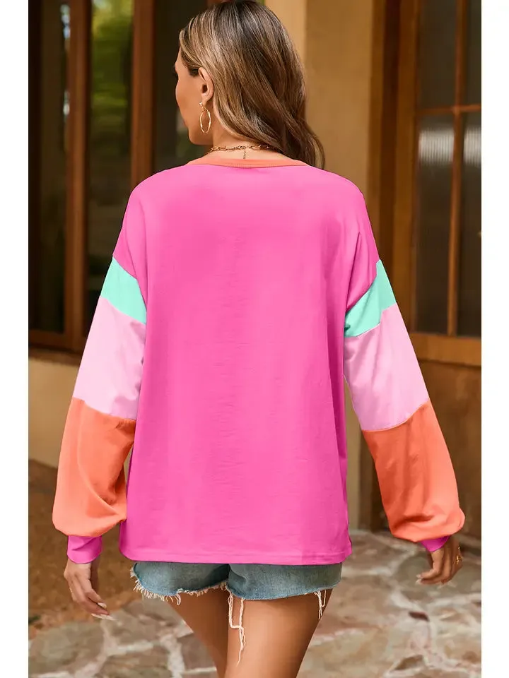 Collins Color Block Patchwork Long Sleeve - Pink