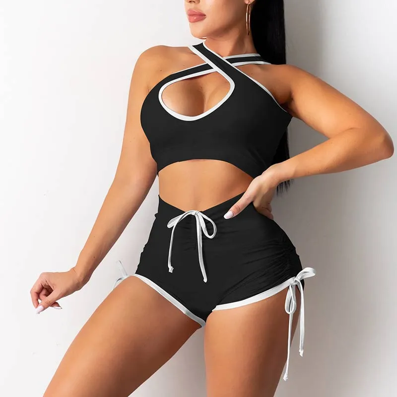 Colorblock Halter Hollow Out Sports Shorts Set