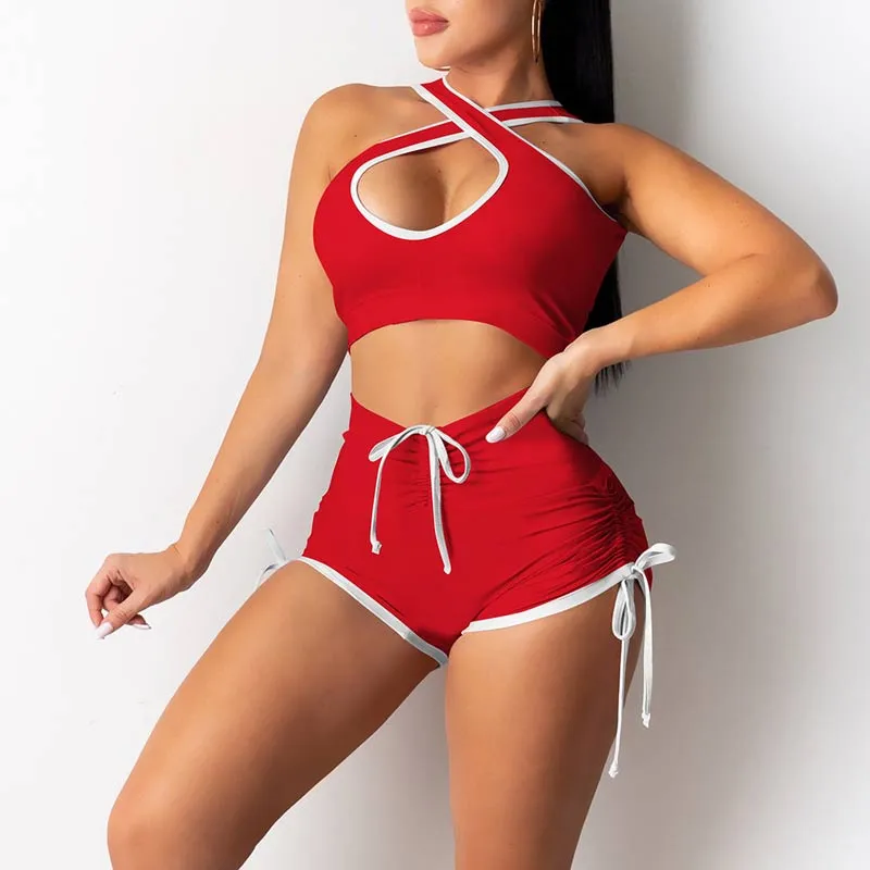 Colorblock Halter Hollow Out Sports Shorts Set