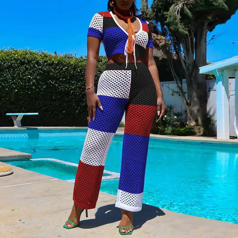 Colorblock Short Sleeve Hollow Out 2PCS Pants Set