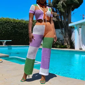 Colorblock Short Sleeve Hollow Out 2PCS Pants Set