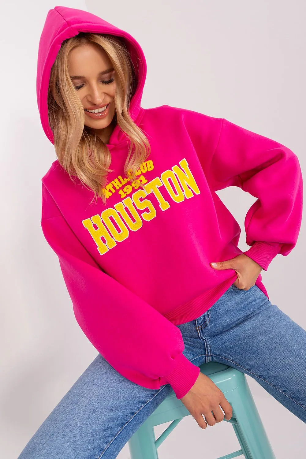 Cozy & Chic Women's Hoodie: Stylish Pullover with Bold Pattern & Front Inscription for Cool Days
