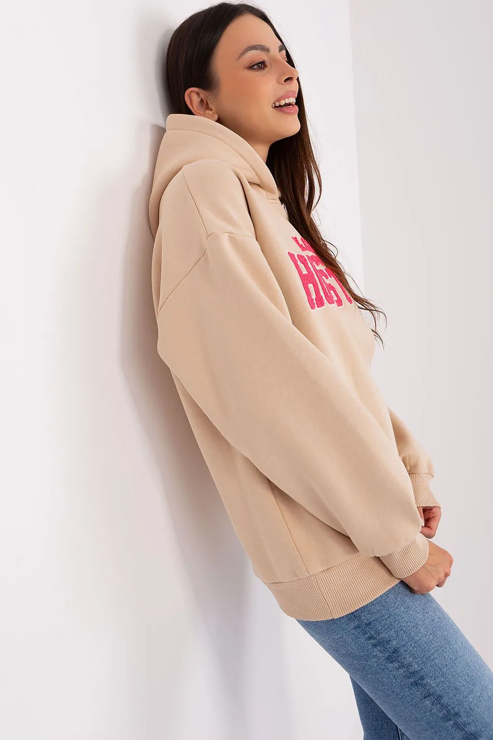 Cozy & Chic Women's Hoodie: Stylish Pullover with Bold Pattern & Front Inscription for Cool Days