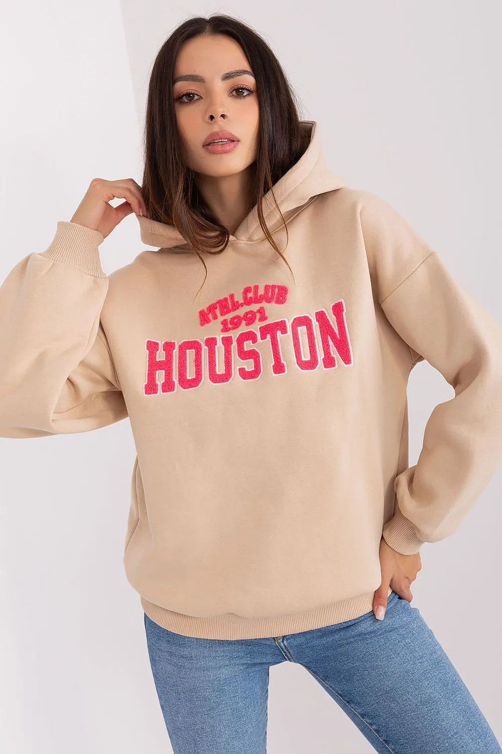 Cozy & Chic Women's Hoodie: Stylish Pullover with Bold Pattern & Front Inscription for Cool Days