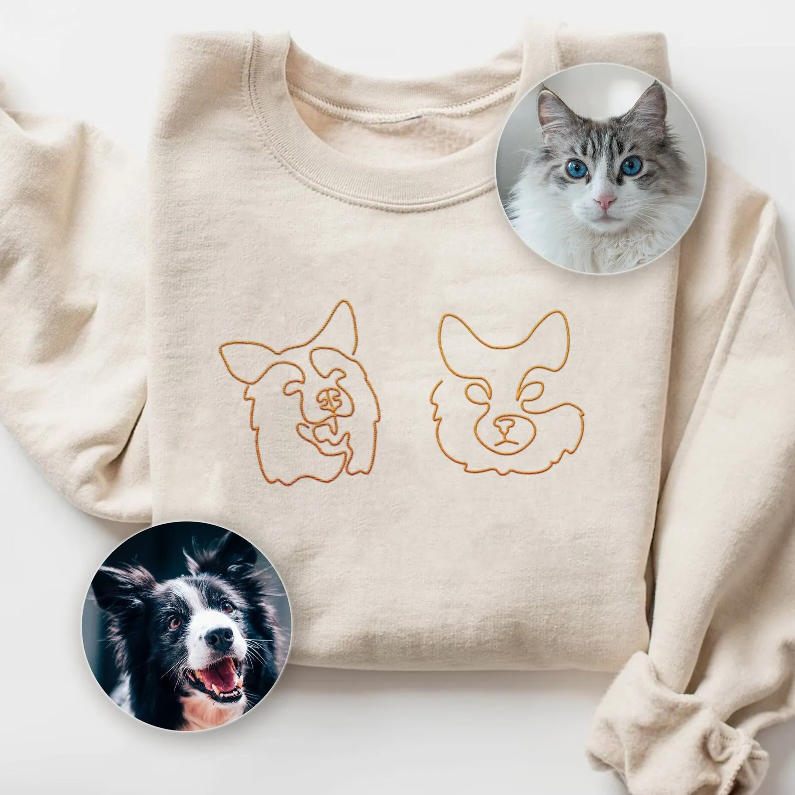 Custom Portrait from Photo Embroidered Sweatshirt, Embroidered Hoodie, Embroidered Tshirt for Dog Mom Dog Dad, Cat Photo Pullover Hooded Sweater, One-line from Photo Embroidered Shirts, Gift for Pet Owner
