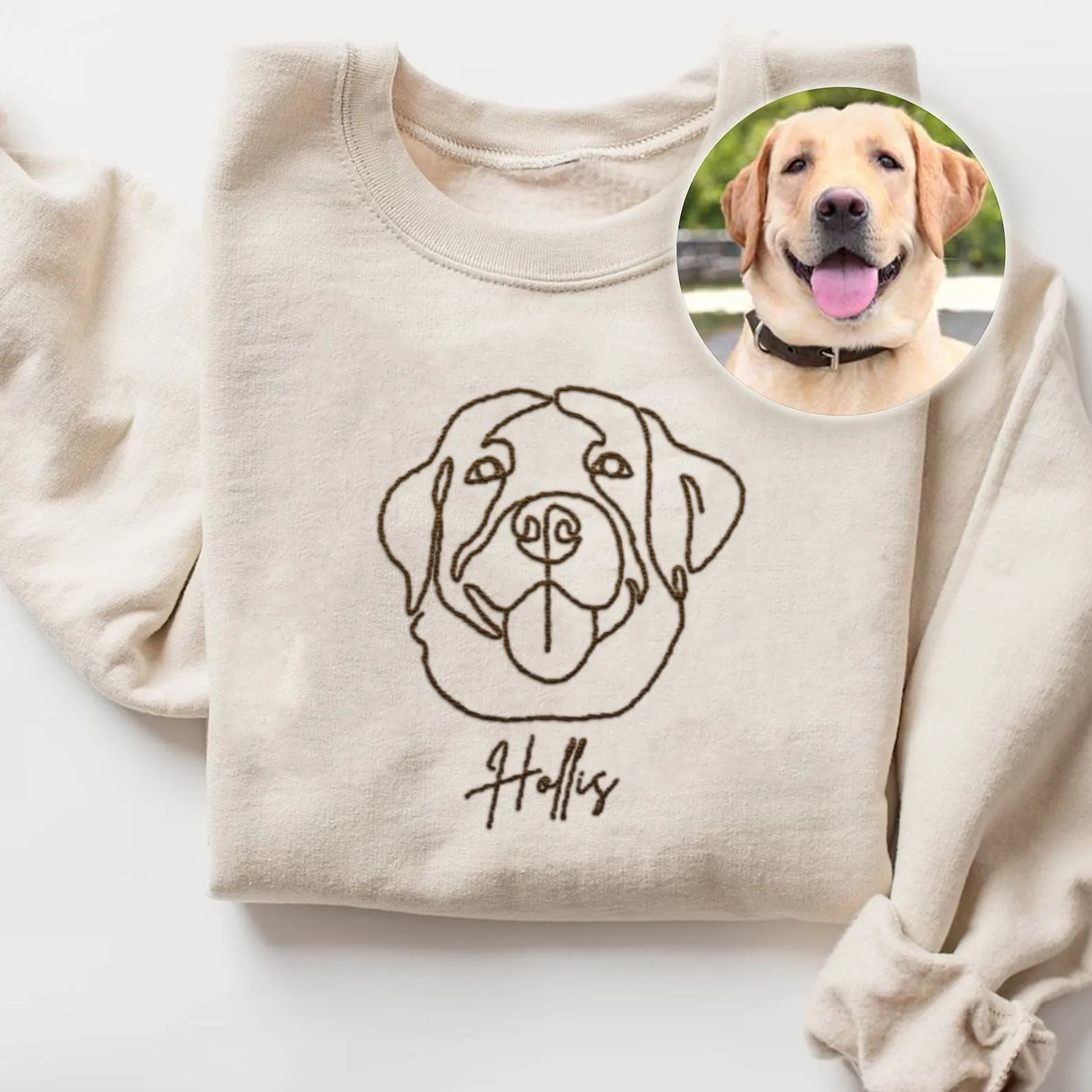 Custom Portrait from Photo Embroidered Sweatshirt, Embroidered Hoodie, Embroidered Tshirt for Dog Mom Dog Dad, Cat Photo Pullover Hooded Sweater, One-line from Photo Embroidered Shirts, Gift for Pet Owner