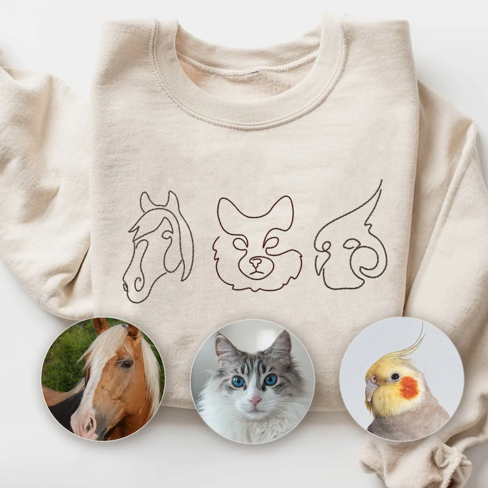 Custom Portrait from Photo Embroidered Sweatshirt, Embroidered Hoodie, Embroidered Tshirt for Dog Mom Dog Dad, Cat Photo Pullover Hooded Sweater, One-line from Photo Embroidered Shirts, Gift for Pet Owner