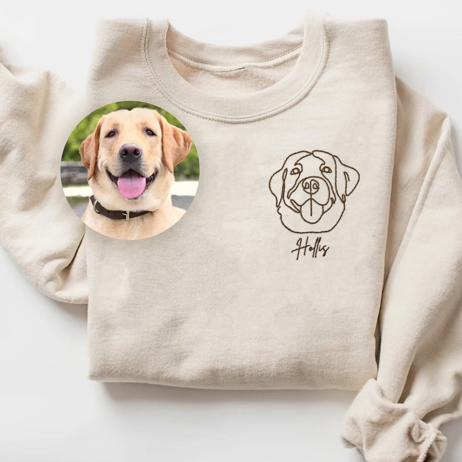 Custom Portrait from Photo Embroidered Sweatshirt, Embroidered Hoodie, Embroidered Tshirt for Dog Mom Dog Dad, Cat Photo Pullover Hooded Sweater, One-line from Photo Embroidered Shirts, Gift for Pet Owner