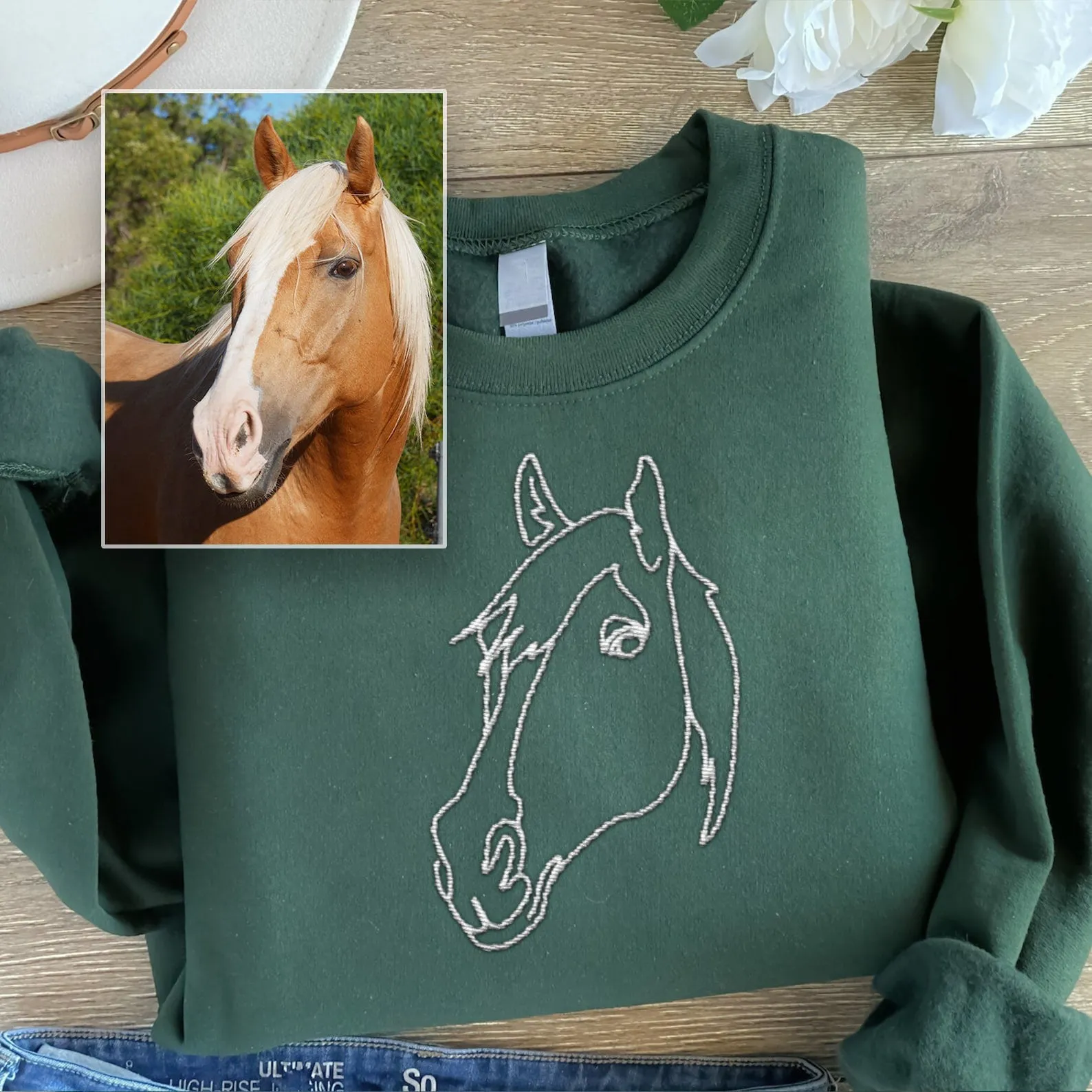 Custom Portrait from Photo Embroidered Sweatshirt, Embroidered Hoodie, Embroidered Tshirt for Dog Mom Dog Dad, Cat Photo Pullover Hooded Sweater, One-line from Photo Embroidered Shirts, Gift for Pet Owner