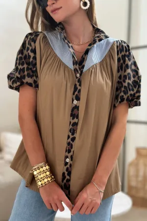 Dark Khaki Leopard Striped Patchwork Loose Puff Sleeve Shirt