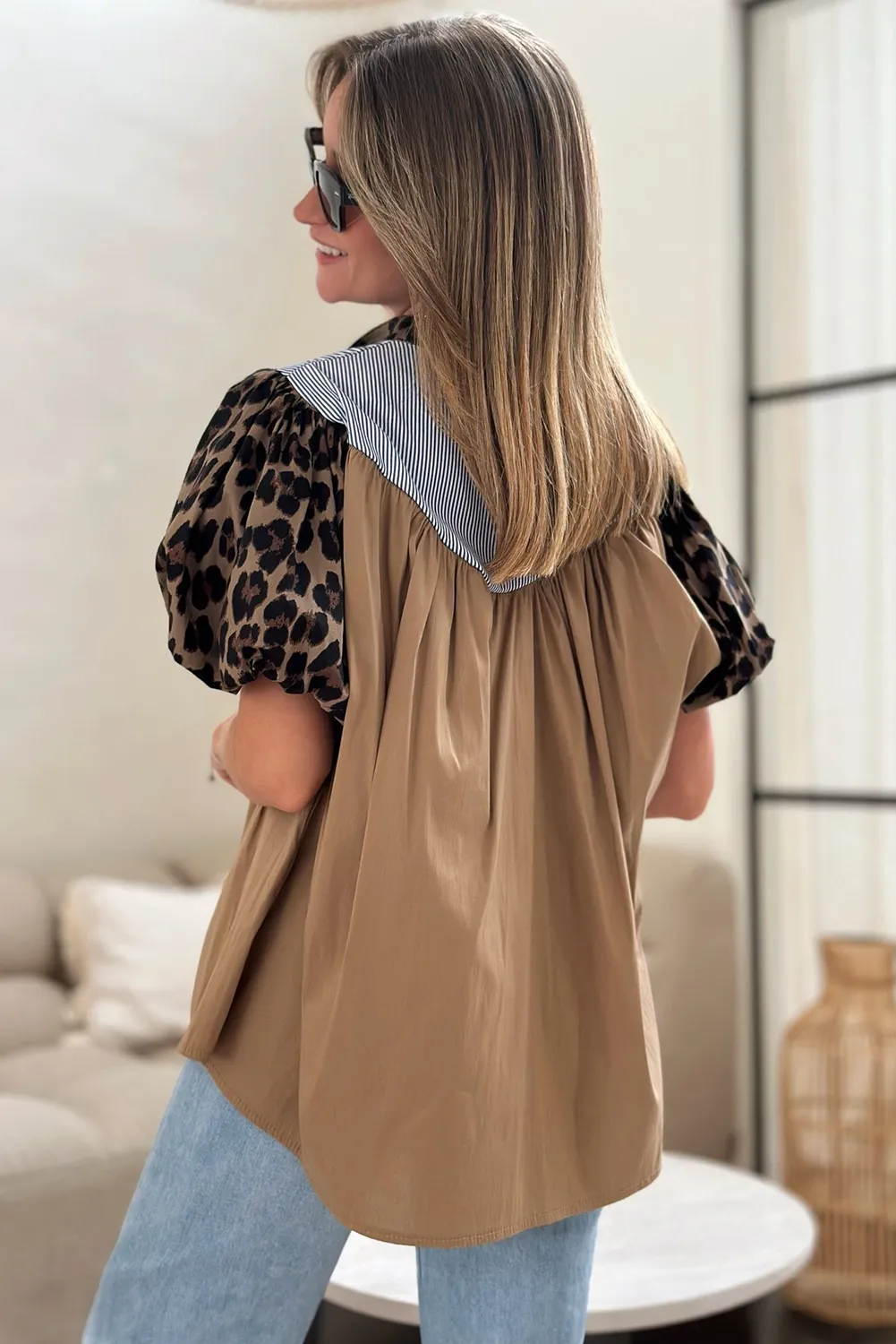 Dark Khaki Leopard Striped Patchwork Loose Puff Sleeve Shirt