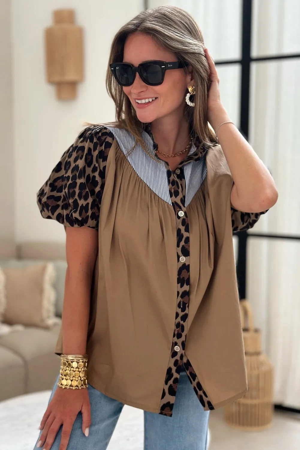 Dark Khaki Leopard Striped Patchwork Loose Puff Sleeve Shirt