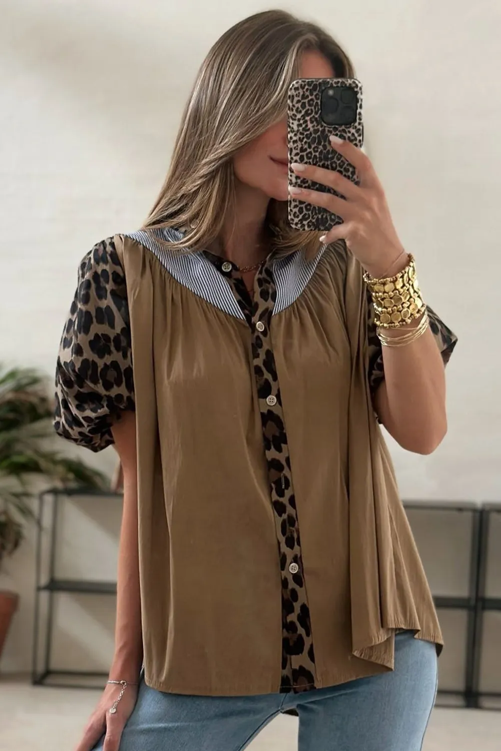 Dark Khaki Leopard Striped Patchwork Loose Puff Sleeve Shirt