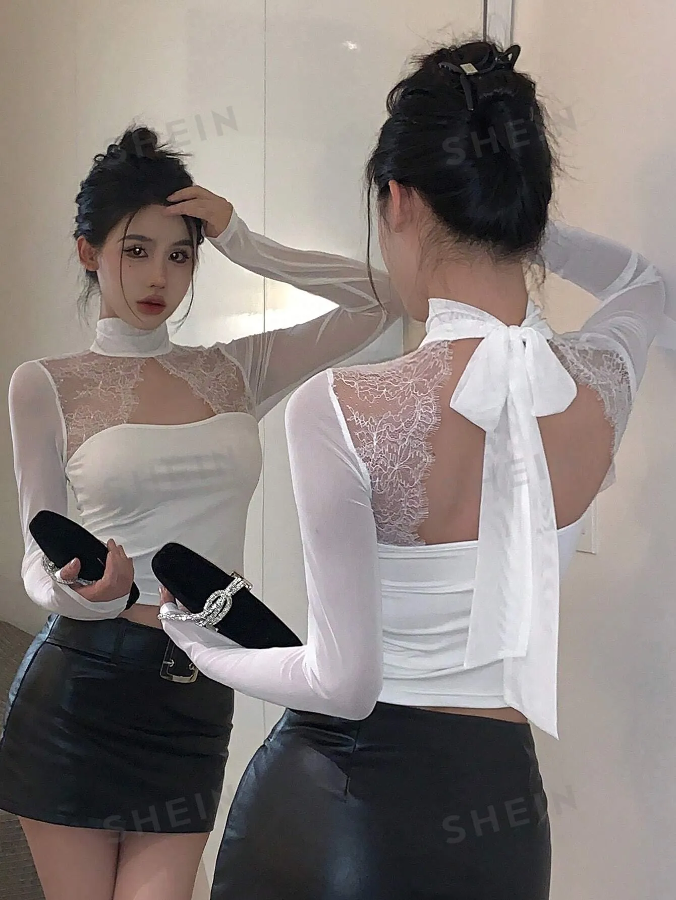 DAZY Women's Lace Patchwork Tie Neck Long Sleeve Blouse