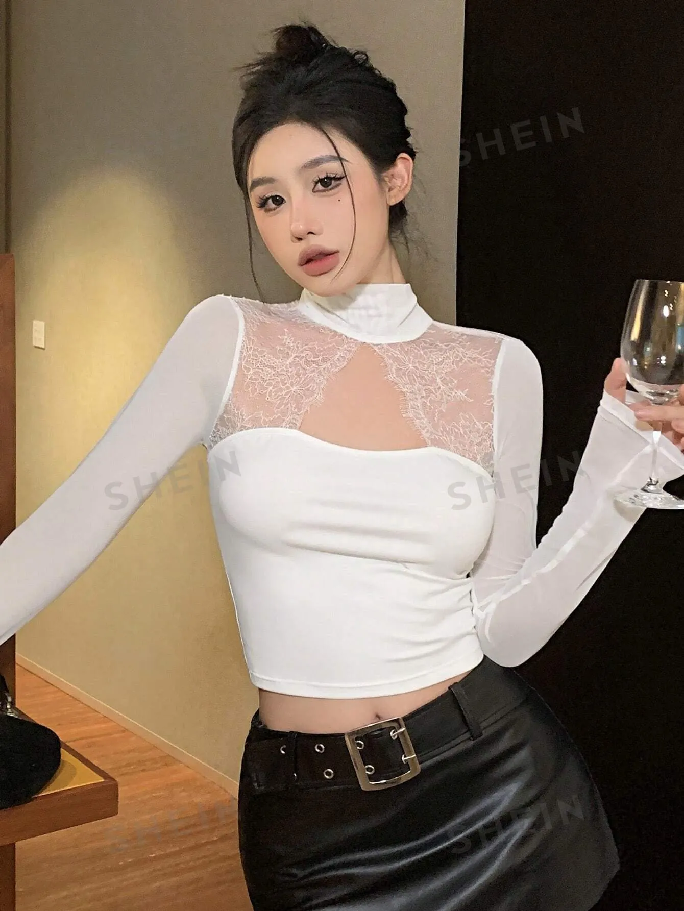 DAZY Women's Lace Patchwork Tie Neck Long Sleeve Blouse