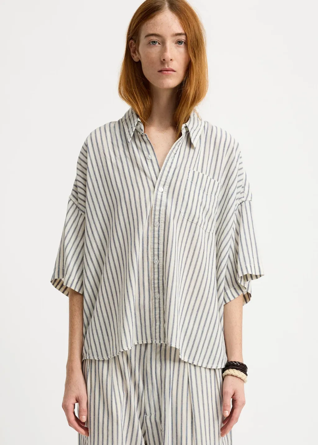 Denimist Short Sleeve Button Down in Blue Ticking Stripe