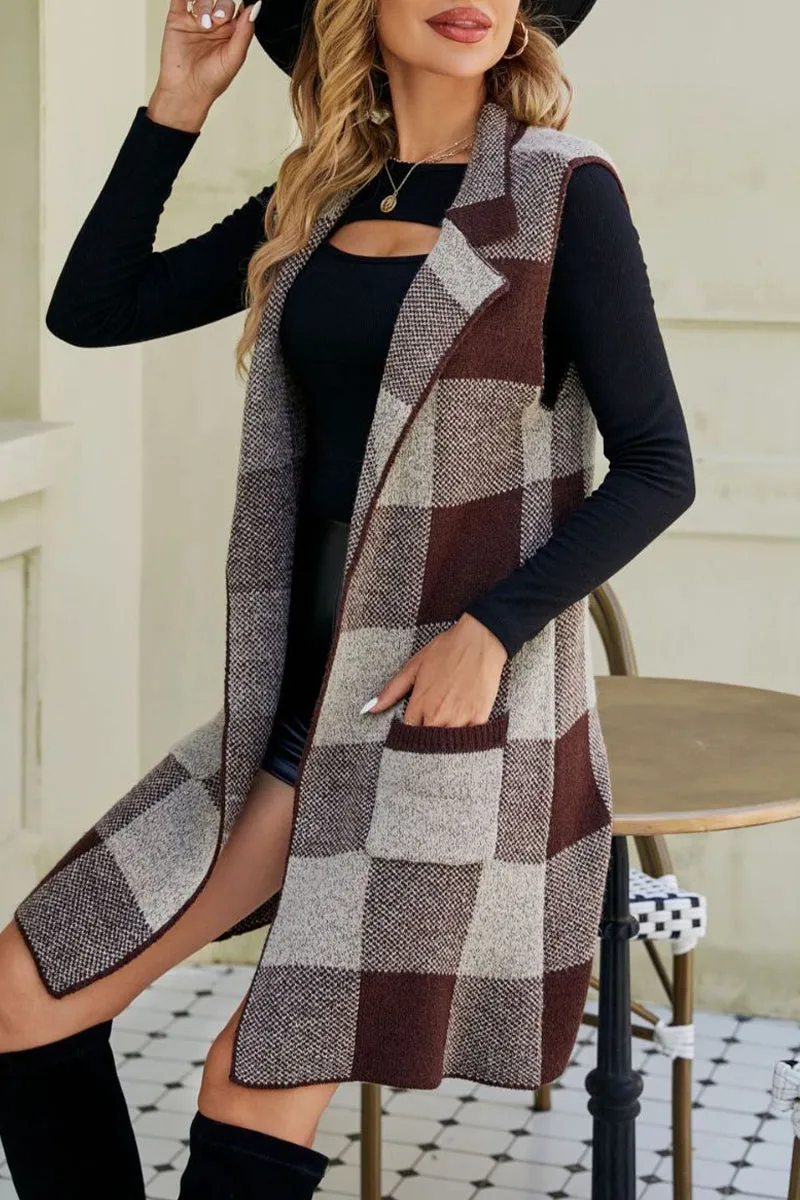 Elegant Plaid Patchwork Pocket Turn-back Collar Tops