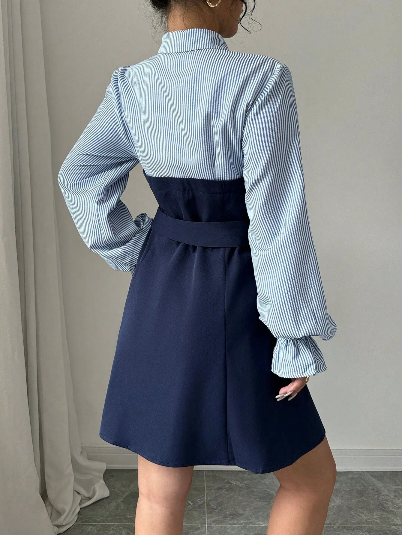 Elenzya Women's Button Striped Long Sleeve Button Placket Patchwork Elegant Dress