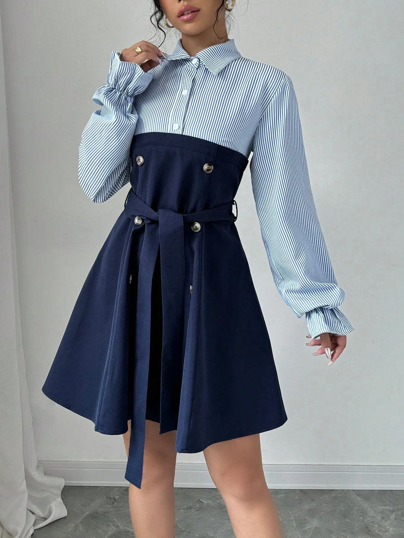 Elenzya Women's Button Striped Long Sleeve Button Placket Patchwork Elegant Dress