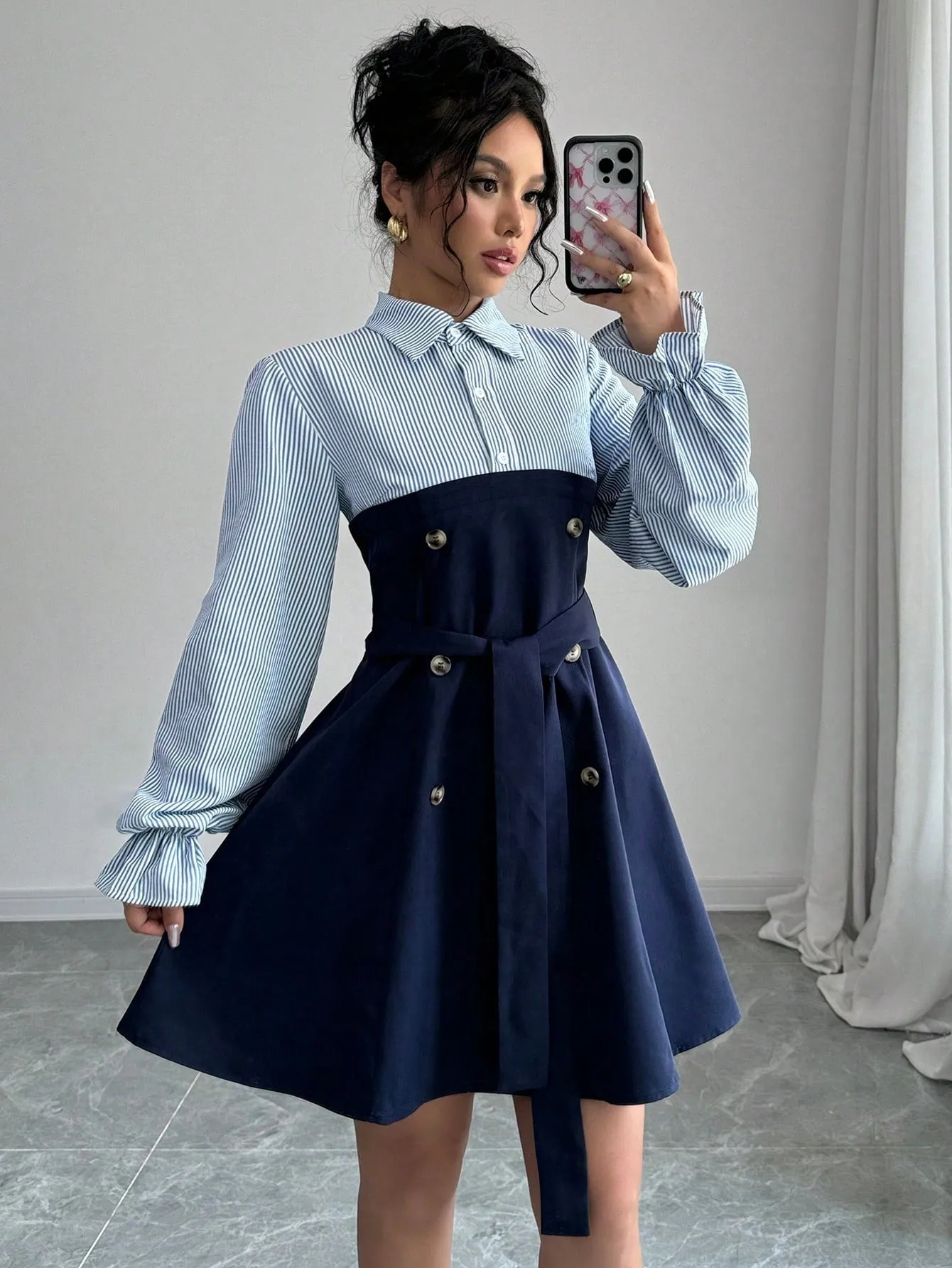Elenzya Women's Button Striped Long Sleeve Button Placket Patchwork Elegant Dress