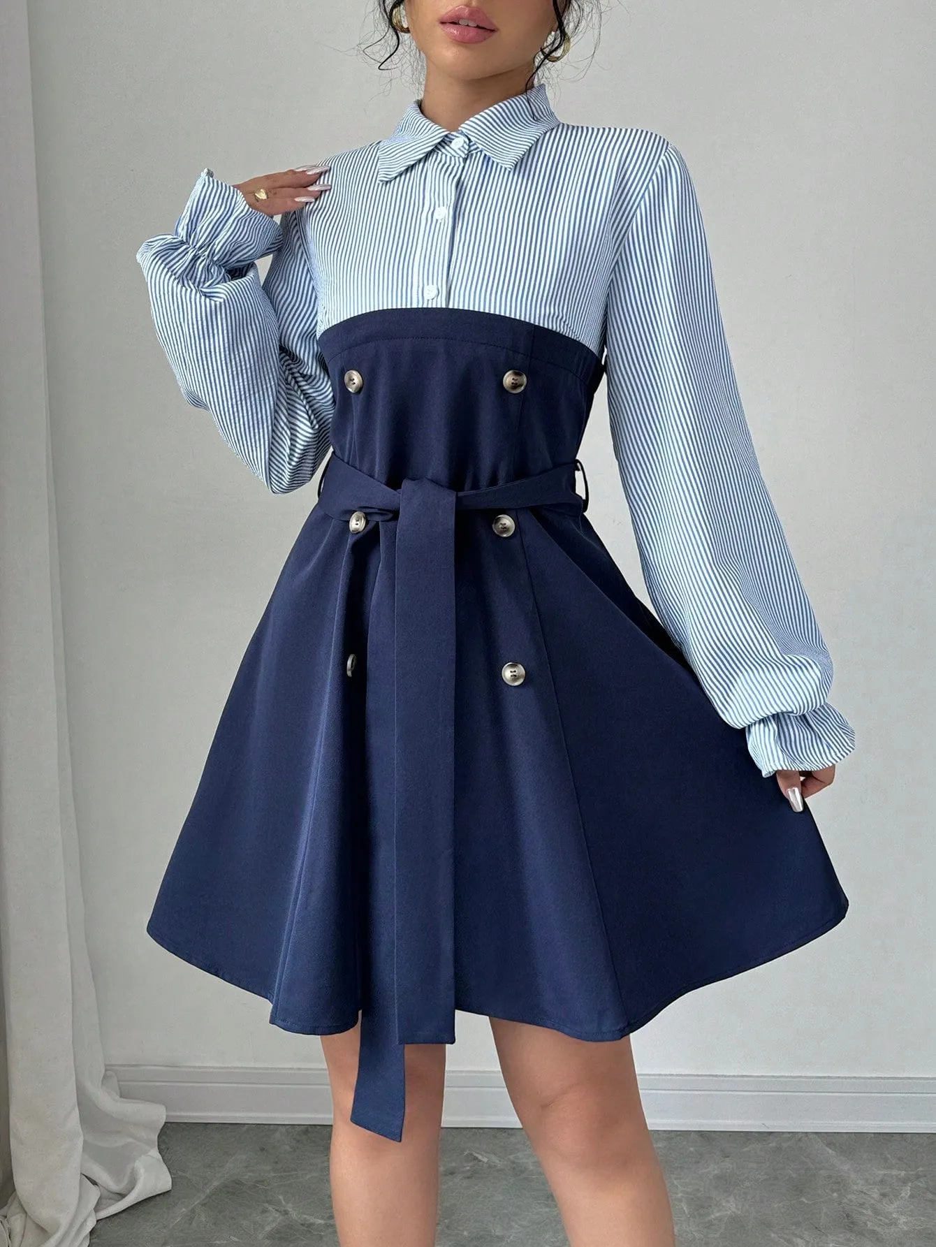 Elenzya Women's Button Striped Long Sleeve Button Placket Patchwork Elegant Dress