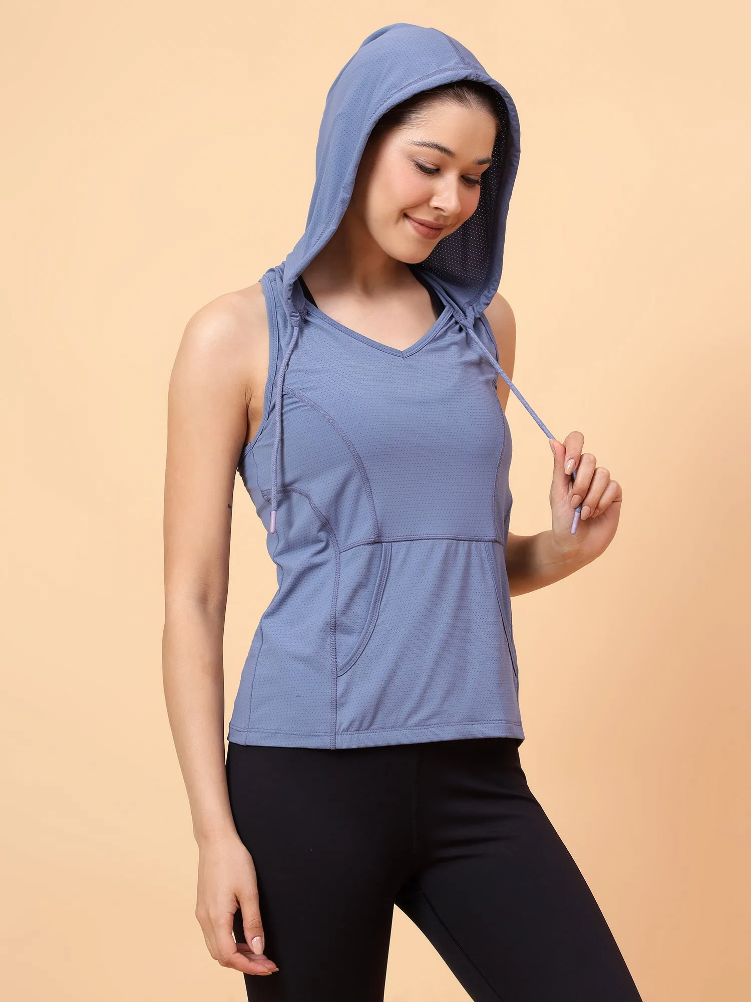 Fitkin Women's Blue Self Design Sleeveless Hooded Tank Top