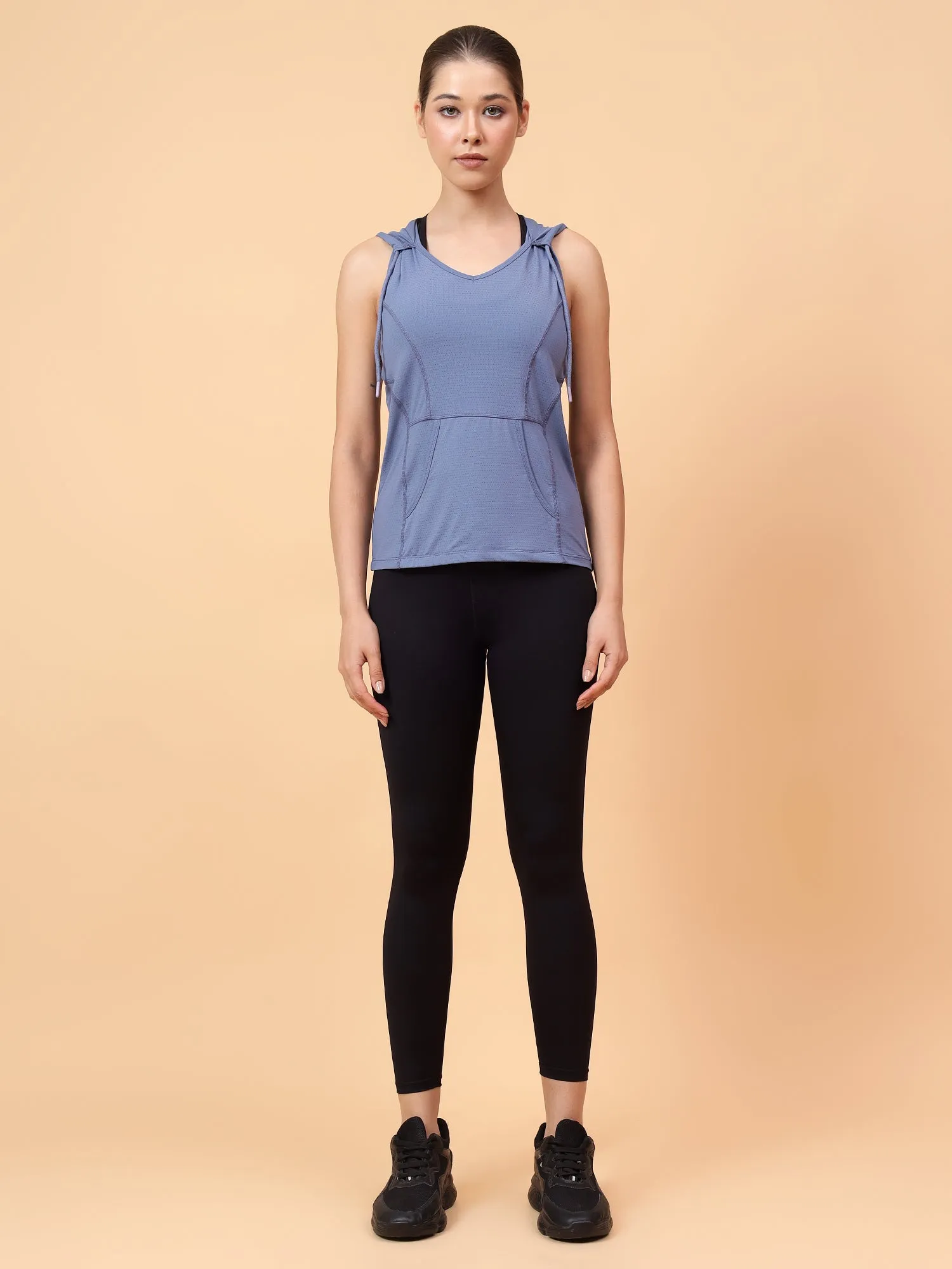 Fitkin Women's Blue Self Design Sleeveless Hooded Tank Top