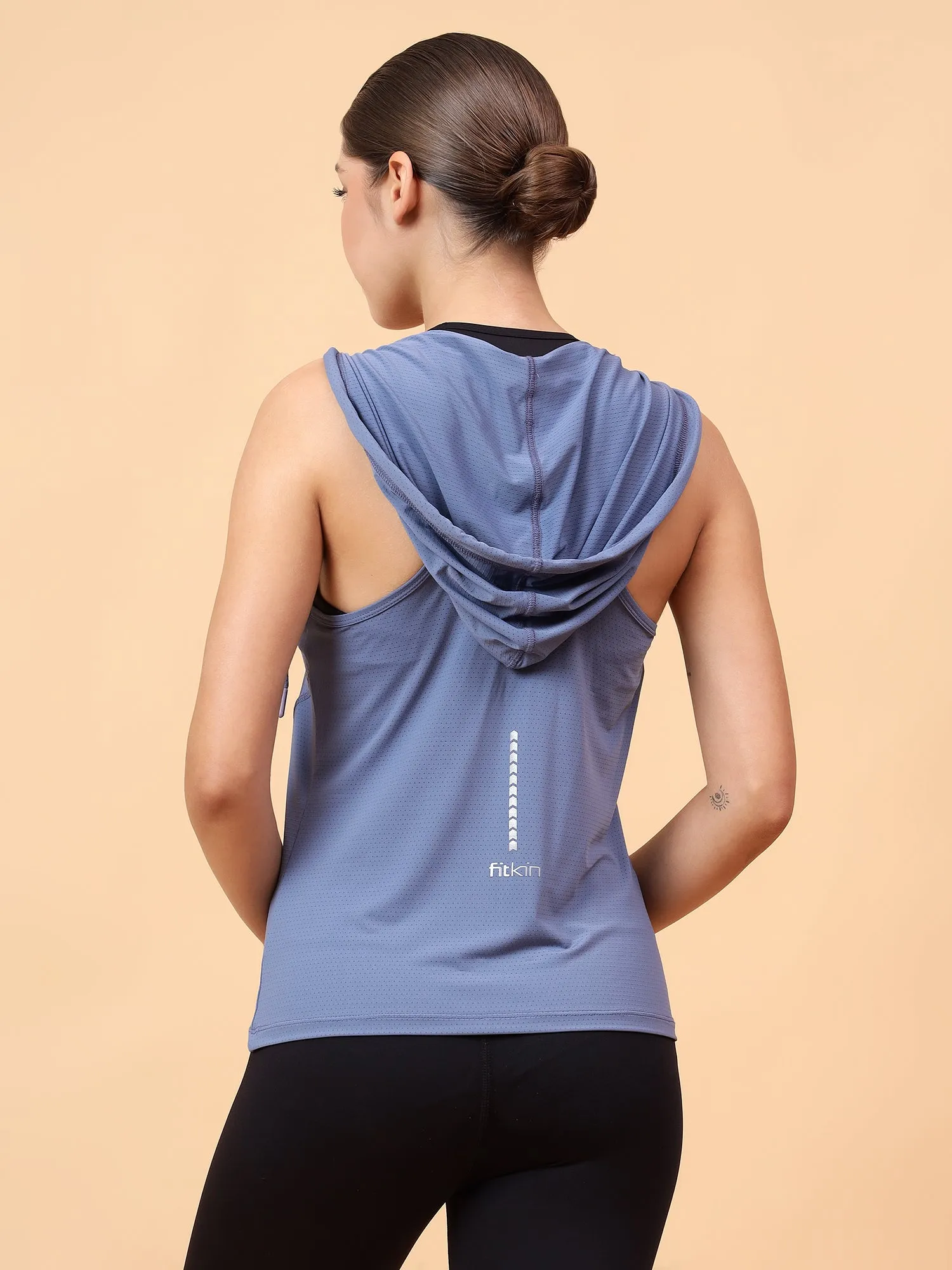 Fitkin Women's Blue Self Design Sleeveless Hooded Tank Top