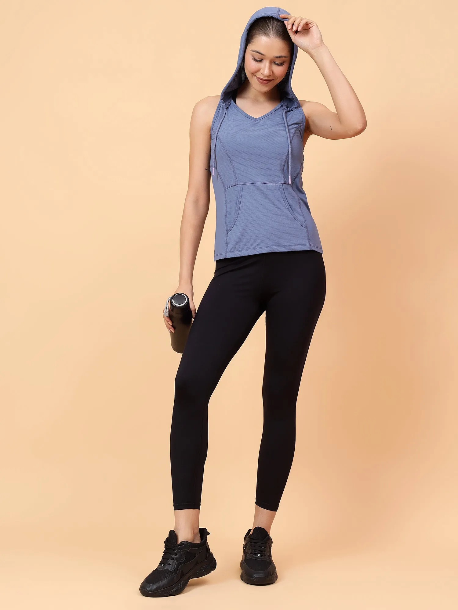 Fitkin Women's Blue Self Design Sleeveless Hooded Tank Top